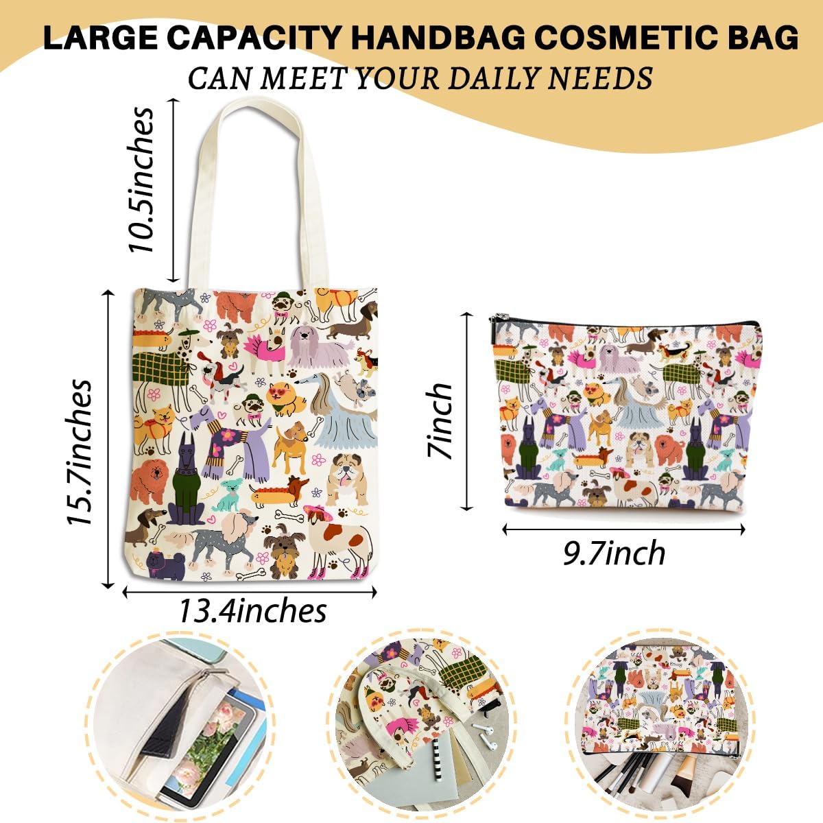 Aesthetic Dog Gifts Dog Mom Gifts for Women, Dogs Lover Pet Owner Girls Sister Makeup Bag Canvas Tote Bag, Reusable Grocery Bags with Inner Pocket for Shopping Birthday Christmas Friendship Wedding - Image 4