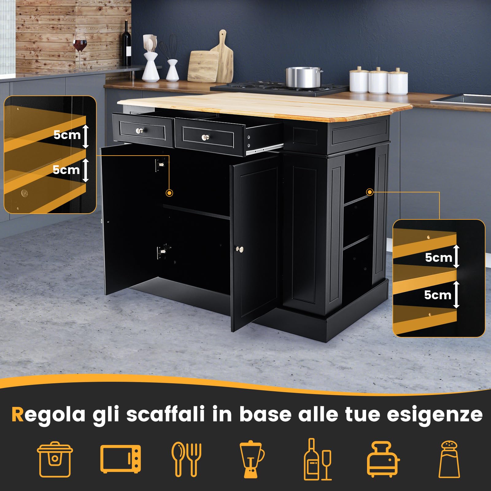 COSTWAY Credenza da Cucina in Legno, Isola da Cucina con Contenitore, con Ripiani Regolabili a 3 Livelli, 120 x 61 x 92 cm, Carico 200 kg (Nero)
