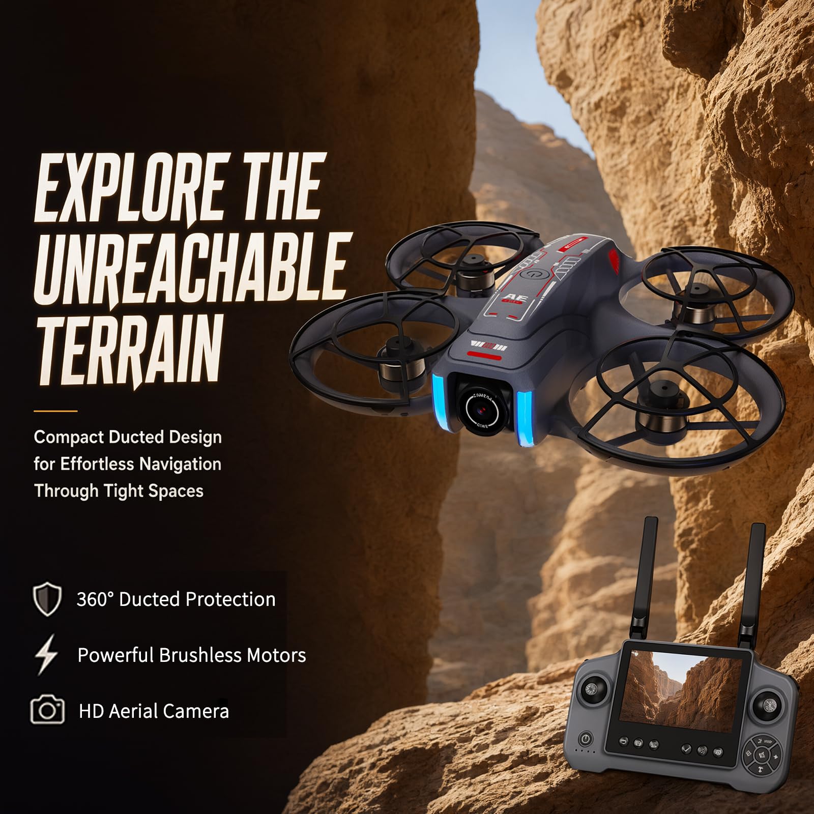 Drone con fotocamera, telecomando con schermo da 4,5 pollici, prevenzione intelligente degli ostacoli, fotocamera regolabile a 90 gradi, scheda SD inclusa, 2 batterie, adatto per adulti e principianti