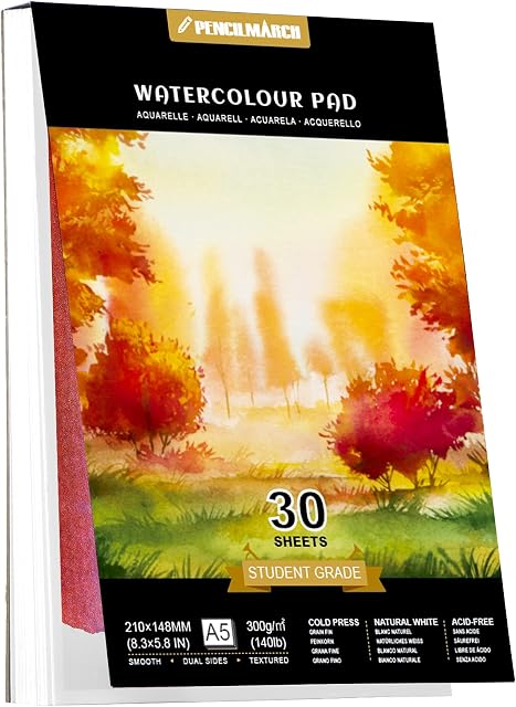 PENCILMARCH Watercolour Paper 300gsm A5 Water Colour Art Pad 30 Sheets Watercolor Sketchbook for Artist Student Kids Landscape Painting, Drawing and Sketching - Pack of 1