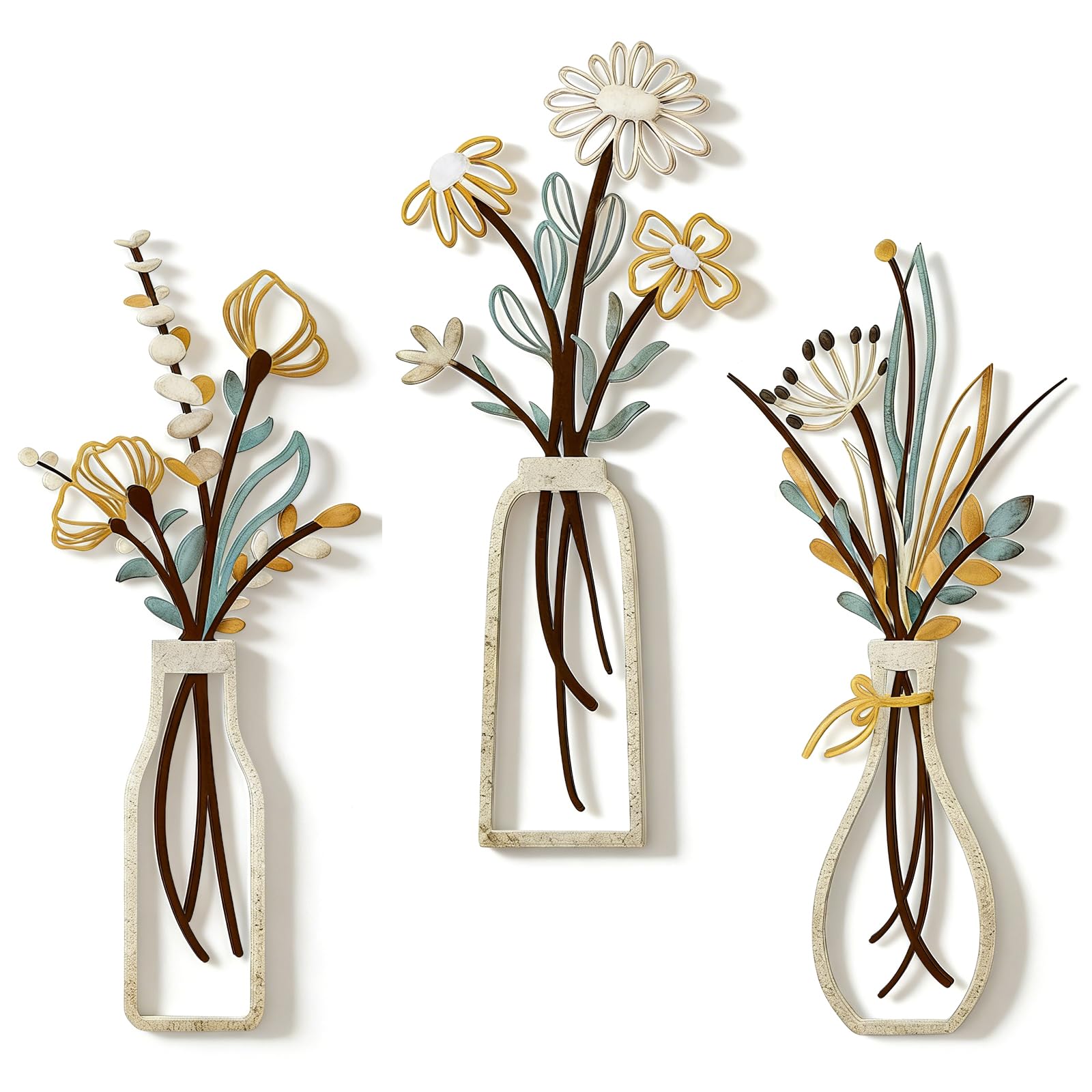 Nimblyne 3 pezzi decorazione da parete in metallo con fiori colorati in metallo, decorazione da parete, fiori minimalisti, decorazione da parete in ferro, per soggiorno, camera da letto, bagno, 35 ×