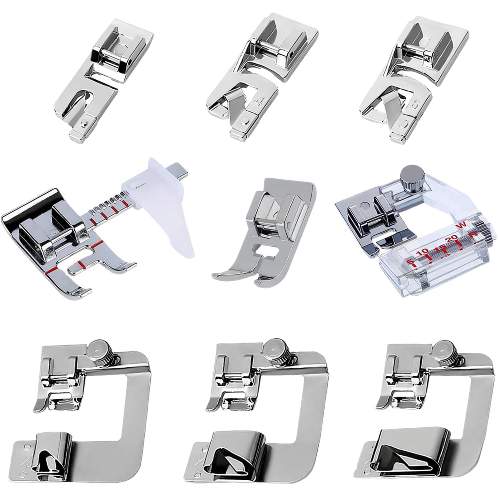 alloneslife 9Pcs Sewing Machine Presser Feet 3Pcs Rolled Hem Pressure Foot 3Pcs Narrow Rolled Hem Hemmer Feet Adjustable Sewing Machine Foot Set
