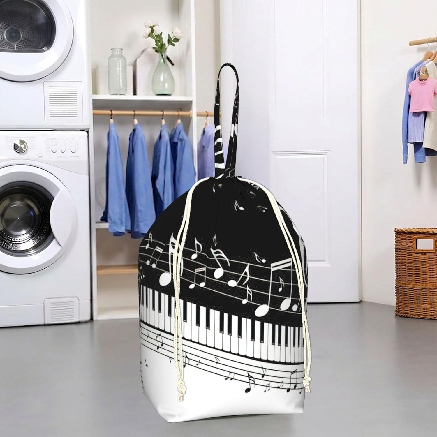 Oxford Piano Keys with Musical Notes Print Large-capacity drawstring laundry bag with Handles for Dorm,Hotel