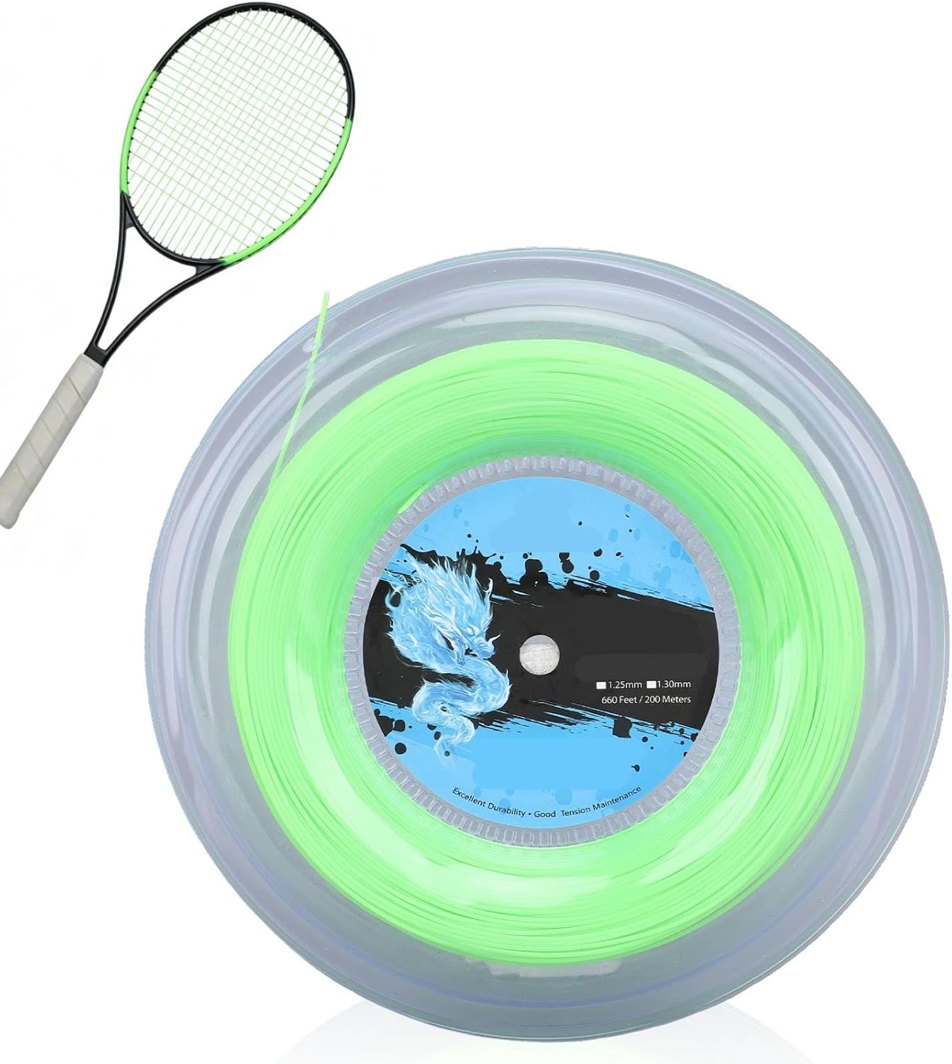 Tennis String Reel Polyester, 656ft Tennis Racket String Fluorescent Green 1.3mm Reel for Power and Control