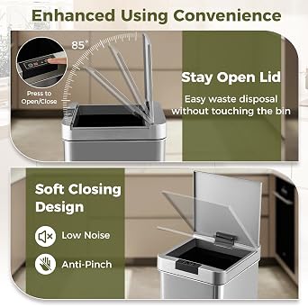 COSTWAY 48L Automatic Kitchen Bin, Touchless Infrared Motion Sensor Garbage Bin with Soft Closure Lid & Stay Open Function, Anti-Fingerprint Stainless Steel Slim Trash Can for Bathroom Office