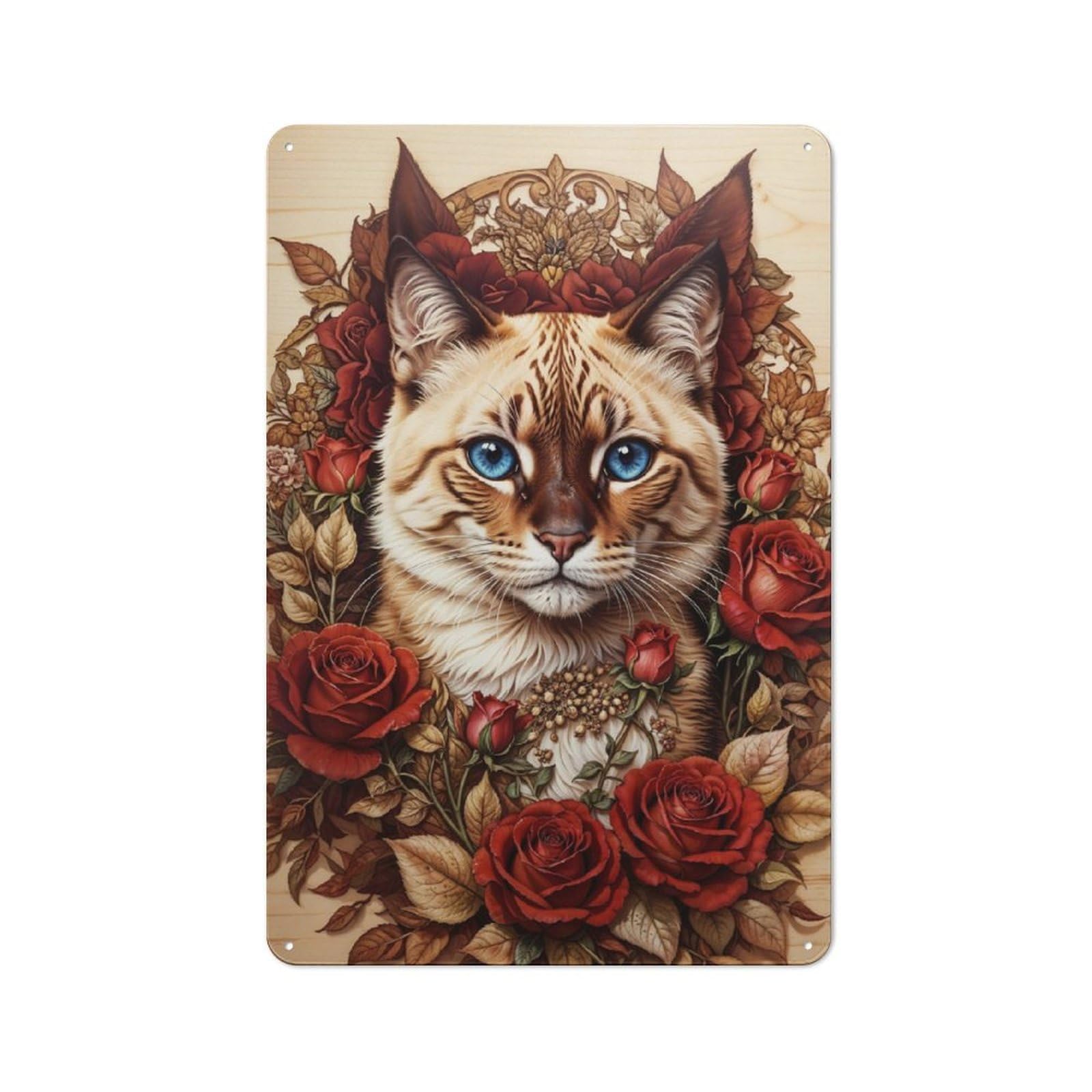 Junmoney A Cat Enthroned In Roses Rustic Metal Sign 30X20cm For Hallway Wall, For Collectors Of Rustic Metal Wall Decor