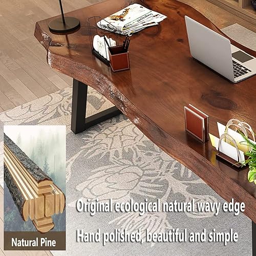 Miniatura 5 de Escritorio de madera maciza de metal para computadora de oficina en casa escritorio largo de pino antiguo natural con borde ondulado soporte de