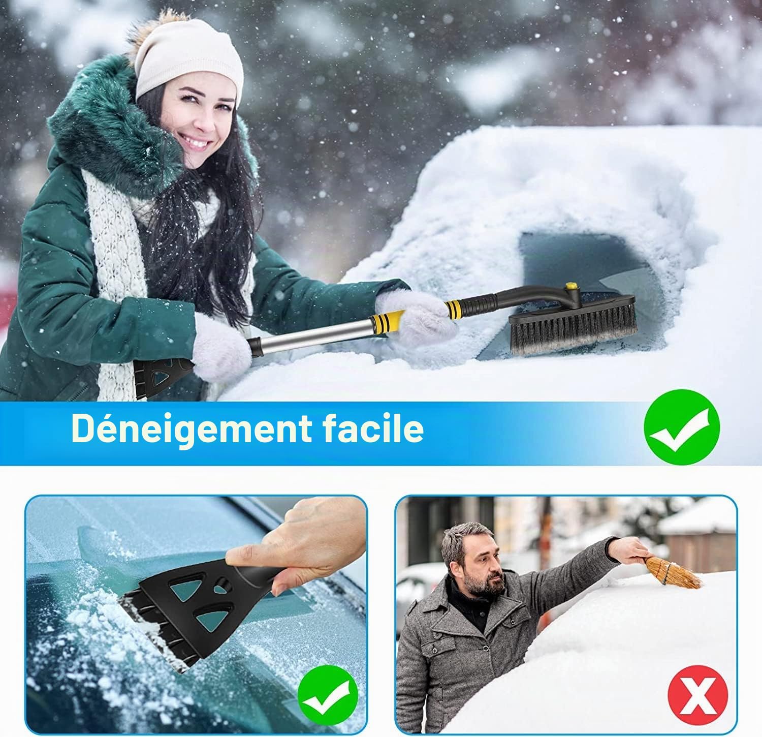 Dégivreur de voiture,brosse à neige et grattoir à glace,3 en 1 Brosse À Neige Détachable pour Voiture Multifonctionnelle, avec poignée Ergonomique en Mousse, pour voitures, camions et SUV, Jaune