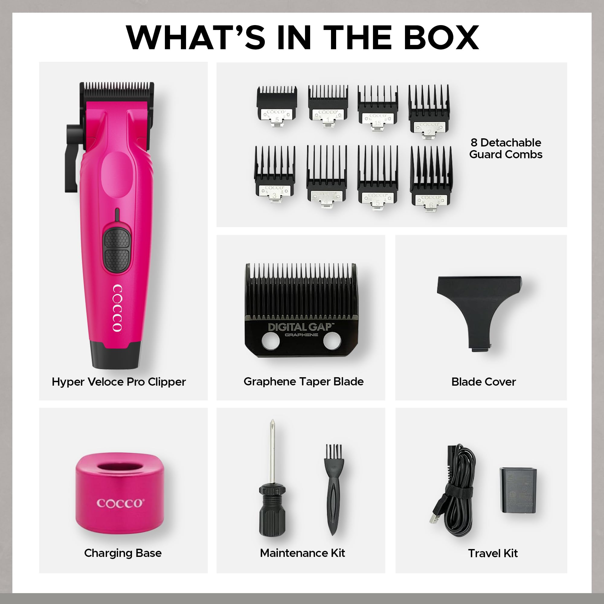 Cocco Hyper Veloce Pro Clipper, Digital Gap Ambassador Graphene Taper Blade Professional Hair Clippers, High-Torque BLDC Motor, All-Metal, Cordless, Charging Station Included (Pink)