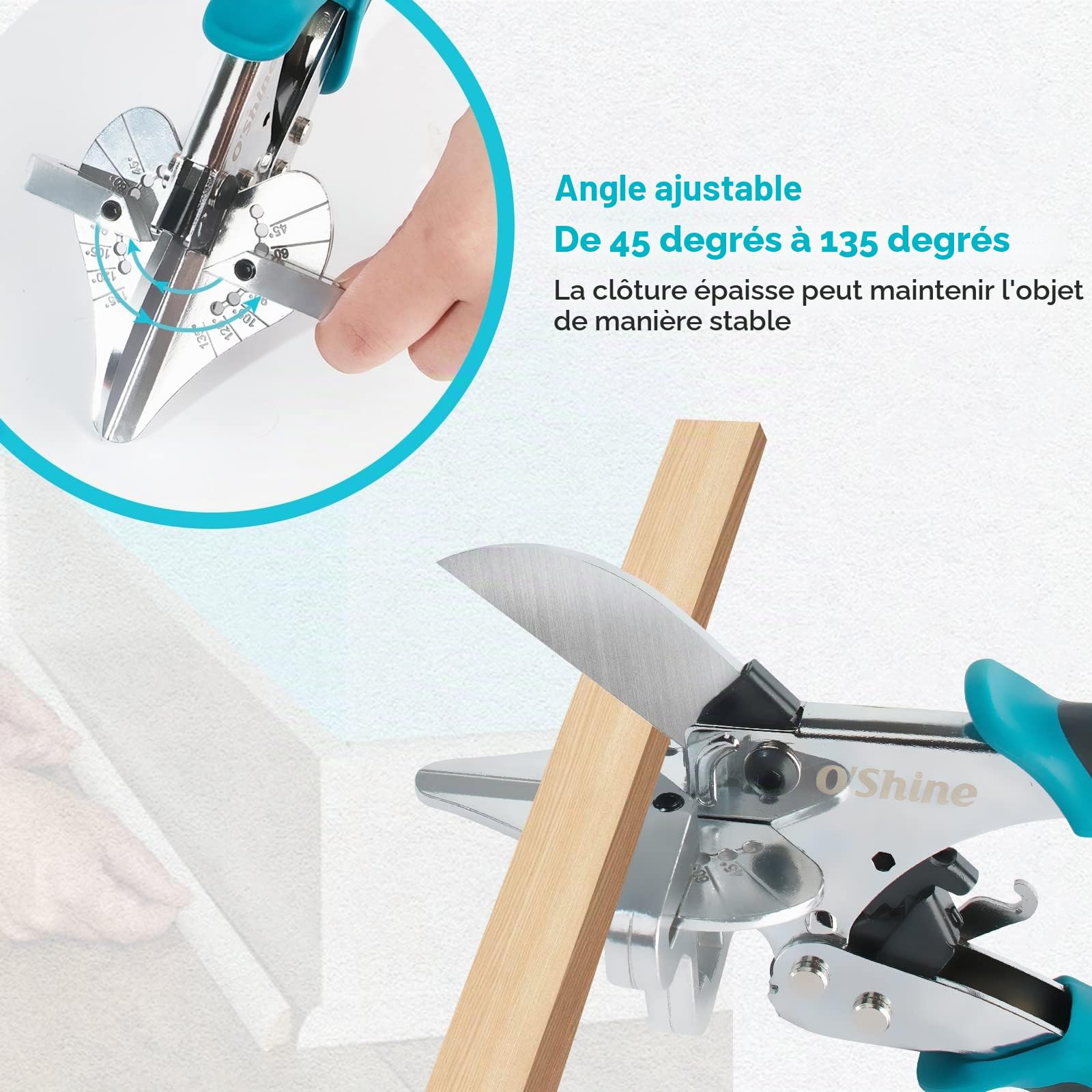 O'Shine Ciseaux à Onglets Multi-Angles à Cliquet - Cisaille à Onglet Professionnelle 45-135° pour Moulures, PVC et Bois - Système à Crémaillère pour Effort Réduit - avec 1 Lame de Rechange