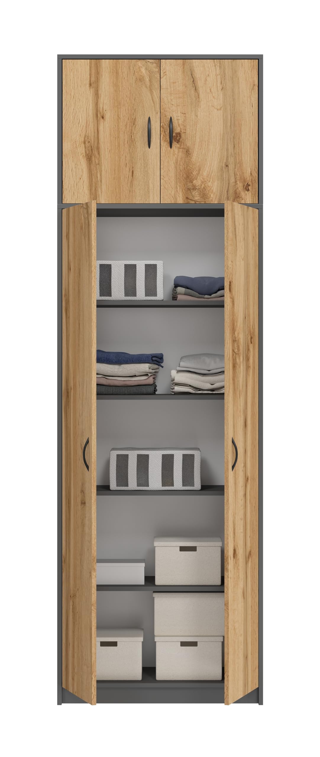 Armario Alto de Oficina, archivador, Armario con 4 Puertas y 7 Compartimentos, Armario Multiusos 235 x 74 x 35 cm (Grafito/Roble Wotan)