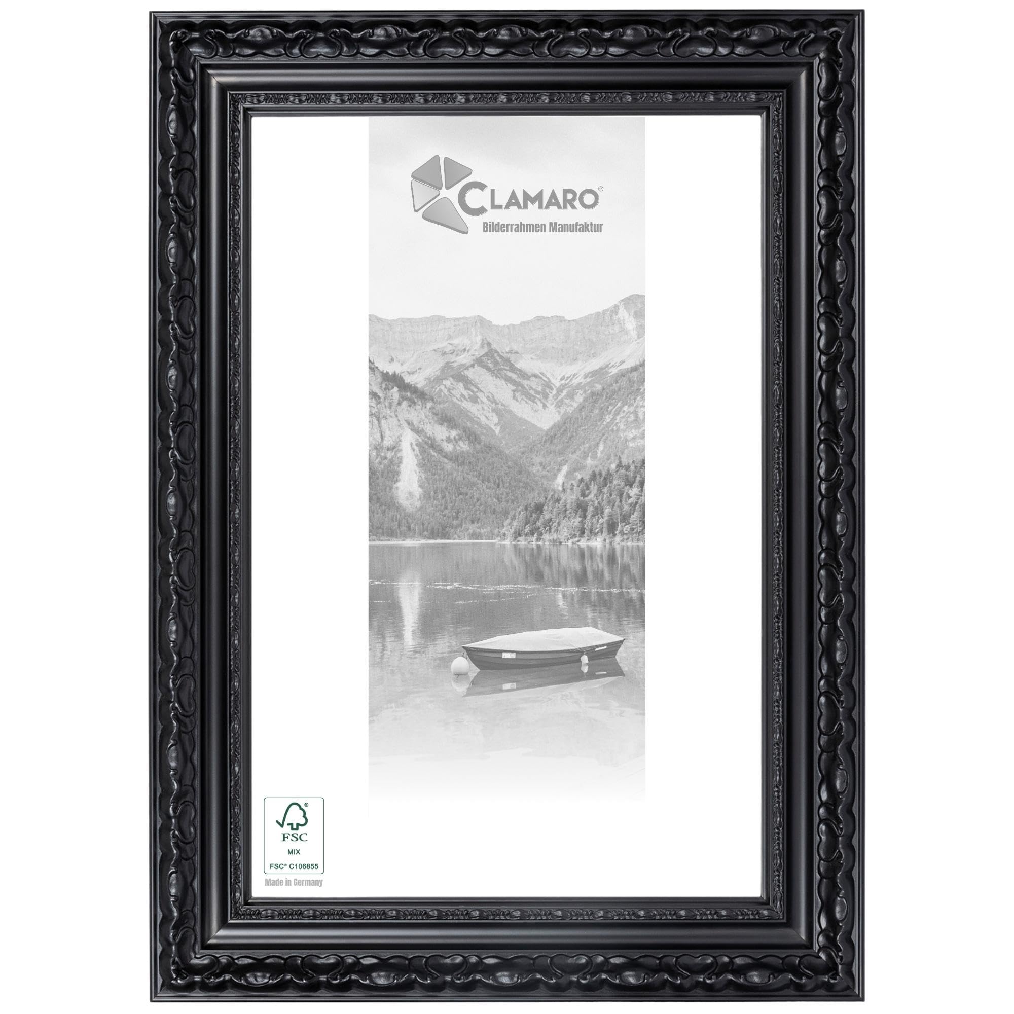 CLAMARO "OTTO" ramka na zdjęcia w stylu antycznym (DIN A4), 21 x 29,7 cm, lite drewno, czarna matowa, szerokość 80 mm, shabby chic, vintage, barokowa listwa, drewniana rama w zestawie szkło akrylowe
