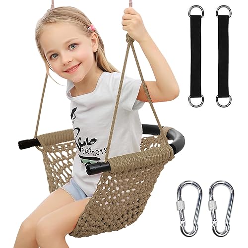 Hi-Na Tree Swing for Kids, Adjustable Toddler Rope Swing Seat with Snap Hooks and Straps, 440 lbs Capacity, Swingset Accessories for Indoor Porch Doorway Outdoor Playground Backyard (Khaki)