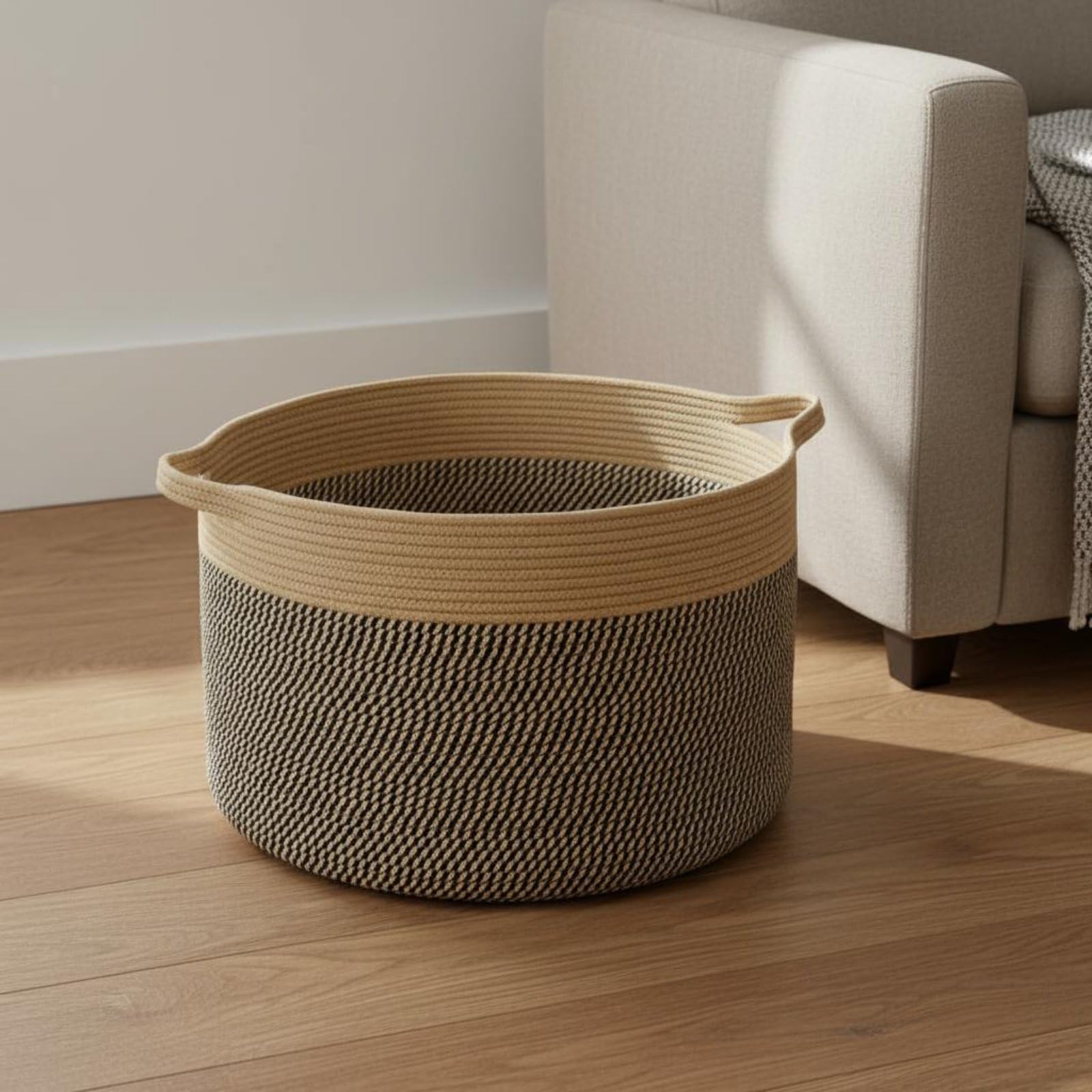 Cesto Pieghevole Cestino Organizer Cesta Portabiancheria Contenitore Giocattoli Grande in Corda di Cotone con Manici Rinforzati per Organizzazione E, Cachi, Nero, 40 35