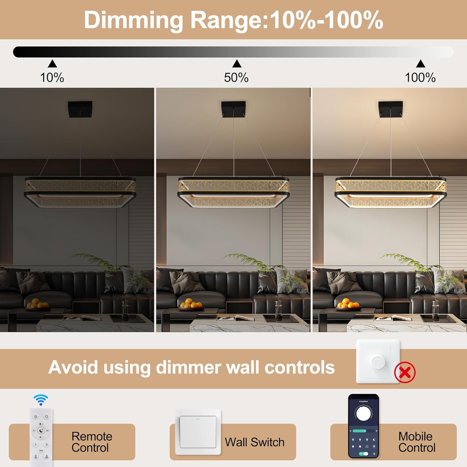 Modern Chandelier with Remote Control, Adjustable LED Chandelier Dimmable Chandeliers for Dining Room Living Room (Black & Gold, 23.6" Square)