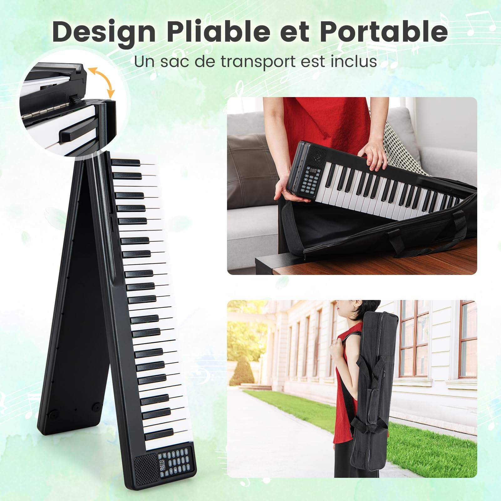 COSTWAY Piano Numérique Pliable à 88 Touches avec Fonction MIDI, Clavier Électronique Portable avec Pédale de Sustain, Sac de Transport pour Débutants, Enfants et Adultes