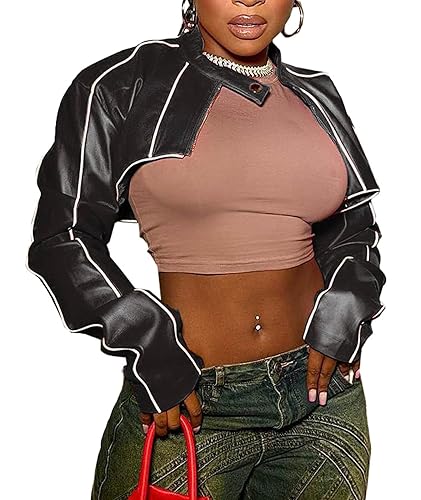 SEMATOMALA Women's Mock Neck PU Leather Crop Jacket Shrug Moto Biker Zip Up Faux Leather Slim Bolero Coat - XX-Large - Black