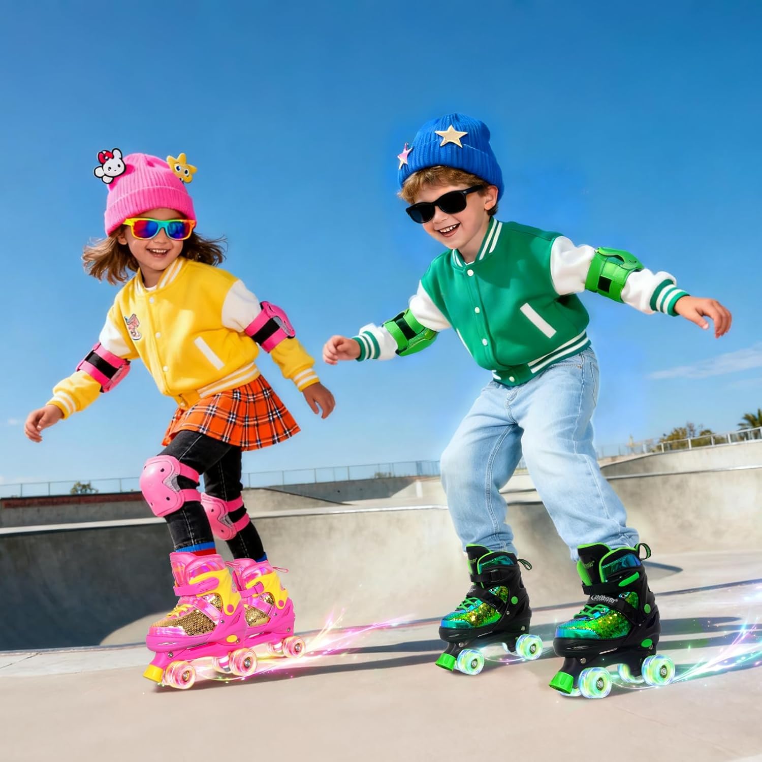 Nattork Kids Roller Skates for Boys Girls Kids 4 Size Adjustable Sequins Quad Skates with All Light up Wheels for Kids Beginners, Birthday Gift for Indoor Outdoor Sports patines para niñas