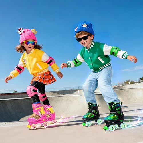 Miniatura 5 de Nattork Patines de ruedas para niños y niñas, 4 tamaños ajustables, patines cuádruples con lentejuelas y todas las ruedas iluminadas para niños