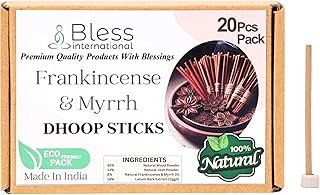 Bless-International Frankincense-and-Myrrh-100%-Natural-Incense-Bambooless-Dhoop-Sticks Handmade-Organic-Chemicals-Free for-Relaxation-Positivity-Yoga-Meditation The-Best-scents-4.5-Inches-20-Count