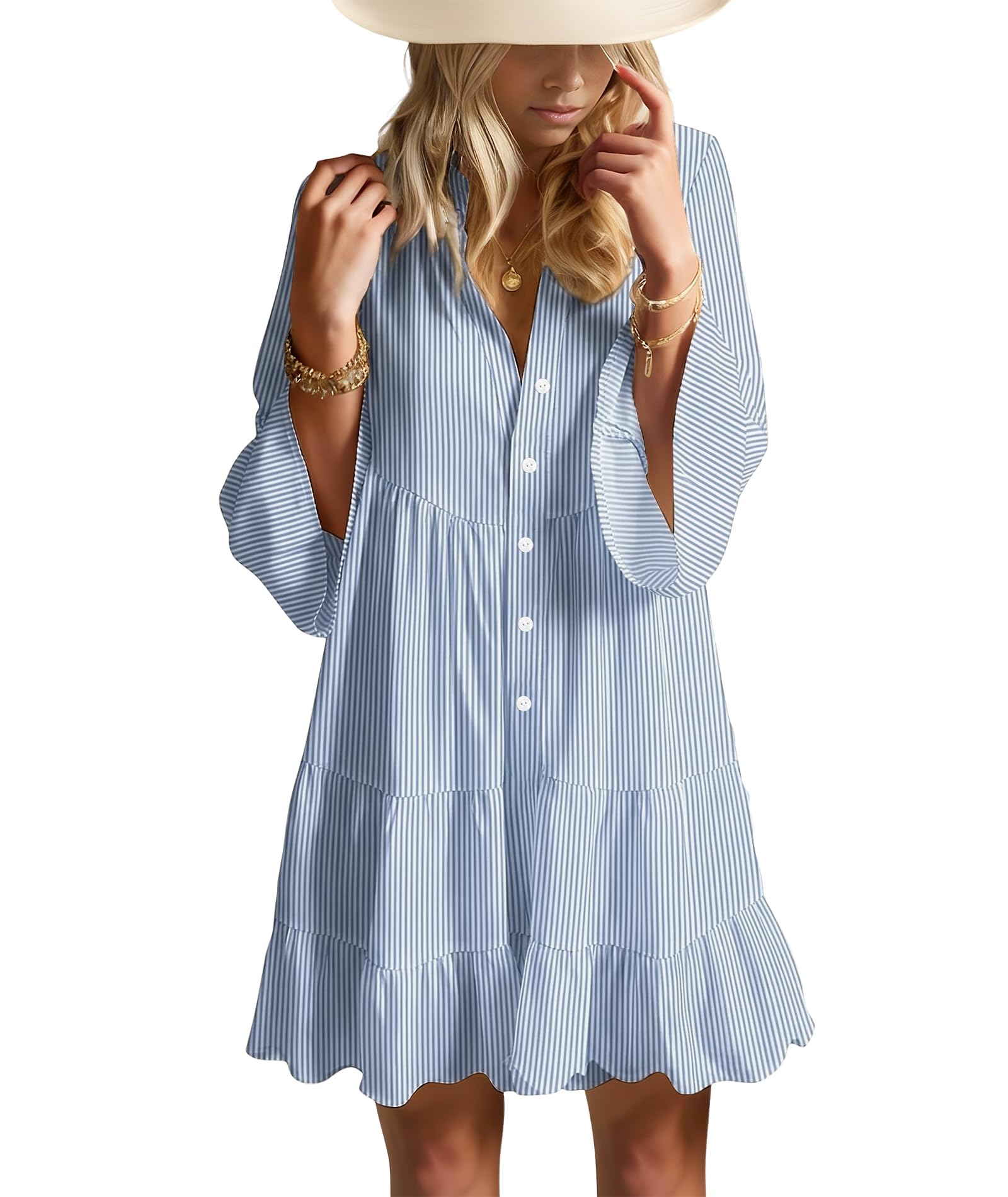 Summer Dresses for Women 2026 Flowy Ruffle 3/4 Sleeve V Neck Tiered Casual Babydoll Boho Beach Mini Dress