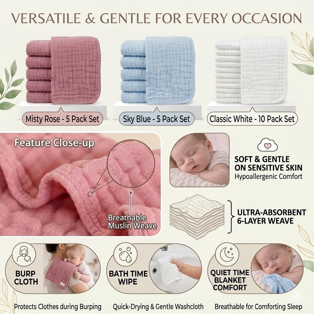 6 Pack Organic Cotton Muslin Burp Cloths 100% Cotton Muslin Cloths Large 20''x10'' Extra Soft and Absorbent Baby Burping Cloth 6-Layer Ultra-Absorbent - Blue