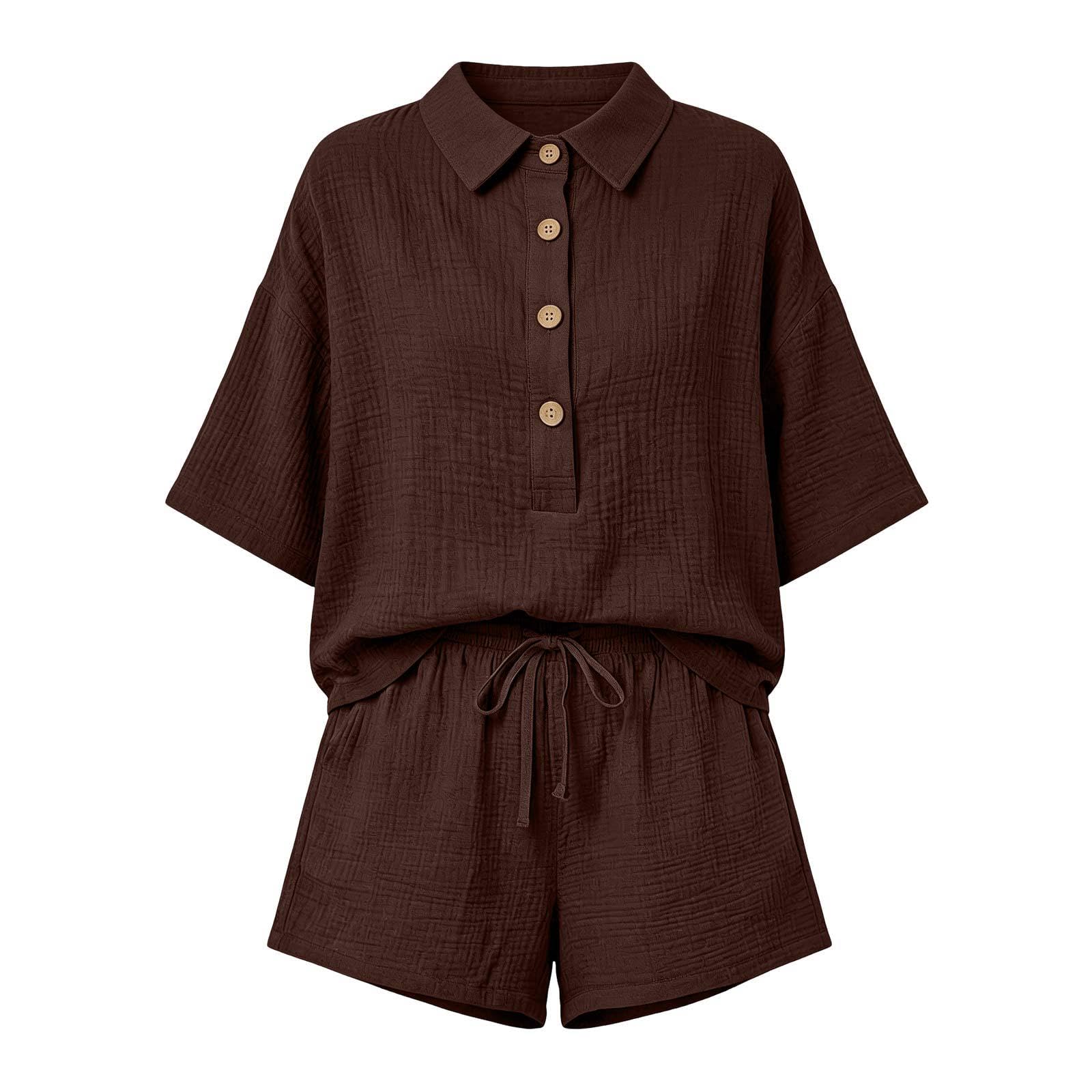 Ensemble d'été décontracté 2 pièces pour femme, chemise à manches courtes et short taille haute texturé froissé