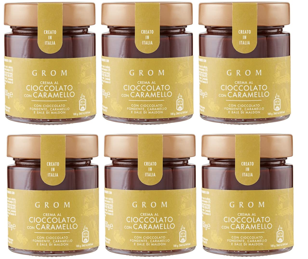 Deliziose creme spalmabili di altissima qualità -GROM- gusto Pistacchio, Fave di Cacao e Caramello 150 Gr (Cioccolato con Caramello, 6)