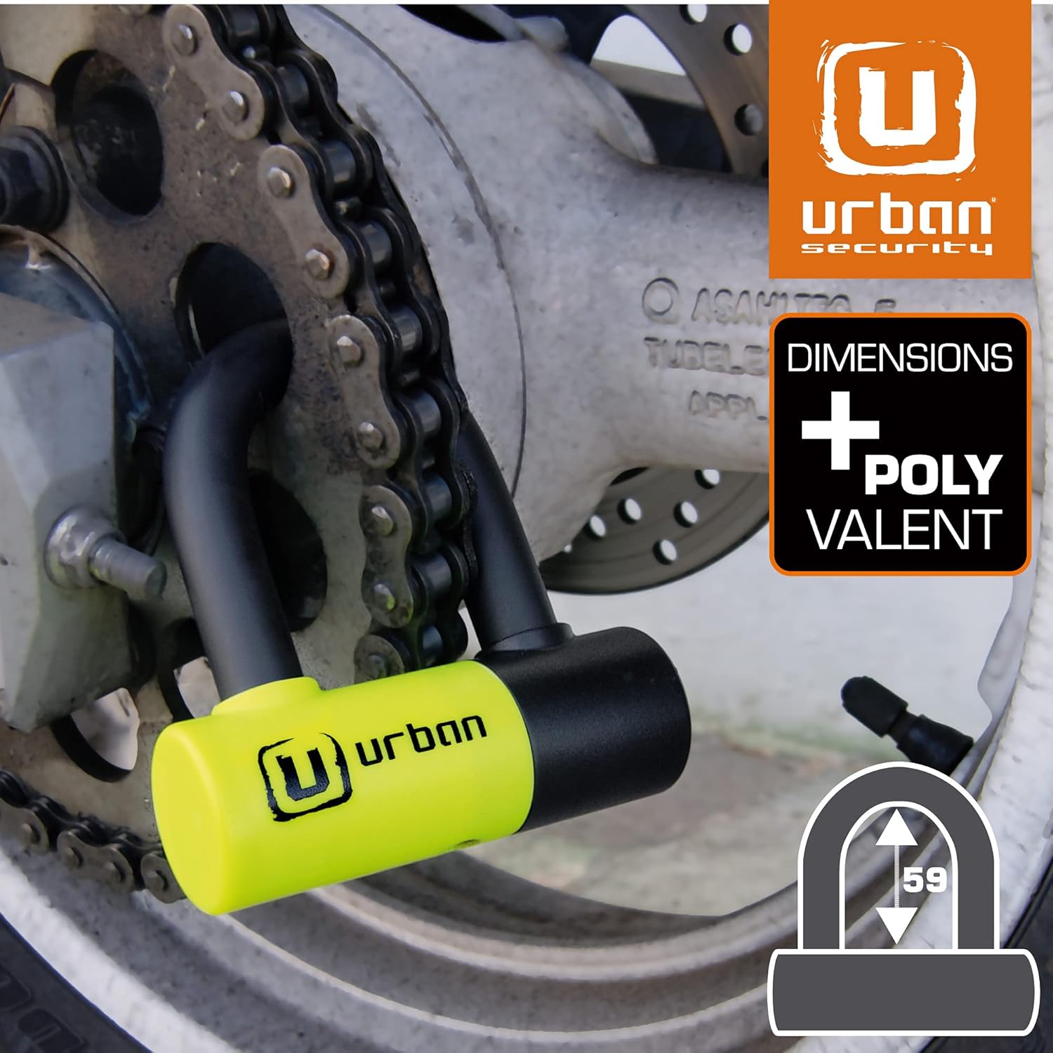 URBAN UR59K100 Anti-Theft Motorcycle High Security Chain Special Hardened Steel 13.5 mm and Solid Padlock Mini U 14 mm, for Motorcycle Scooter and E-Bike, 100 cm, Black/Yellow