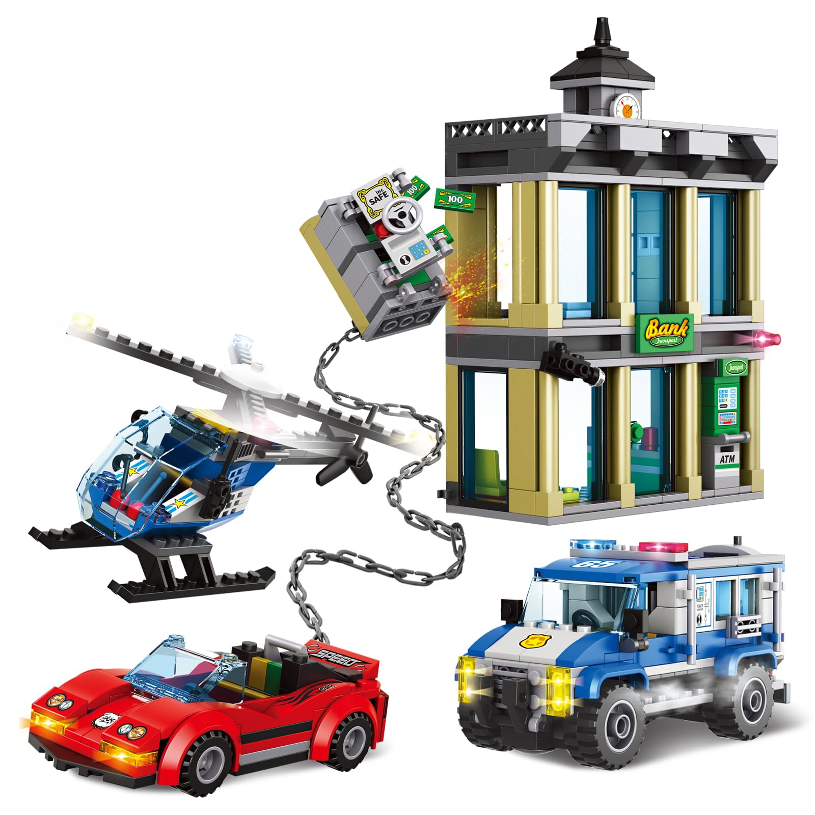 City Police Catch Thief Building Block Set with Cop Car, Bank, Helicopter, Getaway Sports Car, Fun Police Chase Toy for Kids, Best Learning & Roleplay STEM Toy Gift for Boys Girls Ages 6+ (625pcs)