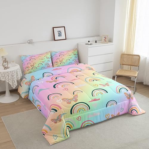 Miniatura 2 de Juego de ropa de cama de arcoíris para niños y niñas, edredón de mariposas de dibujos animados, decoración de dormitorio, edredón acolchado de