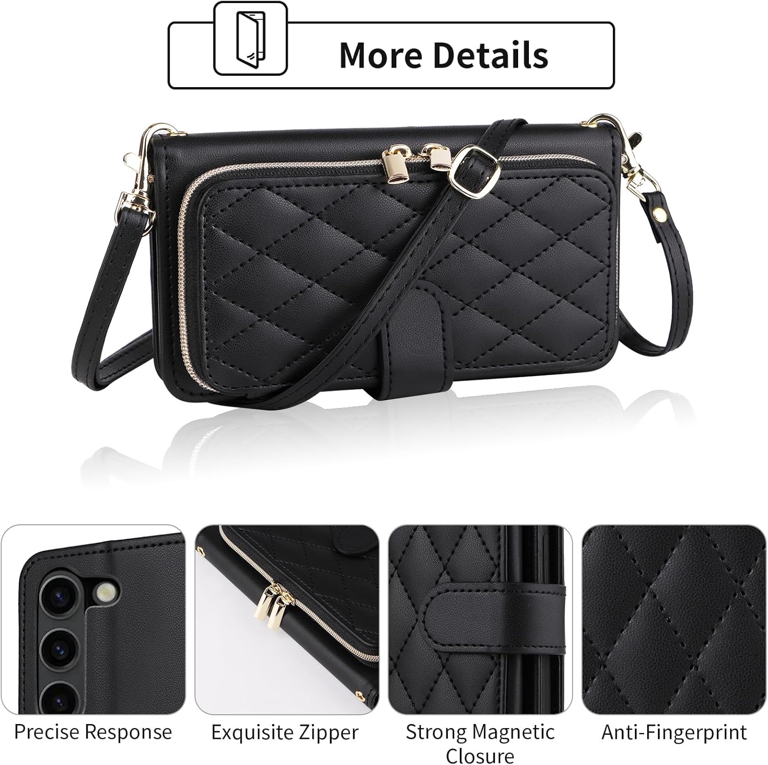Wallet Case for Samsung Galaxy S23 5G with Detachable Wrist Strap, 9+ Card Slots Zipper Purse, Luxury PU Leather Stand Full Body Phone Cover for S 23 23S GS23 G5 SM-S911U 6.1 inch Women Black