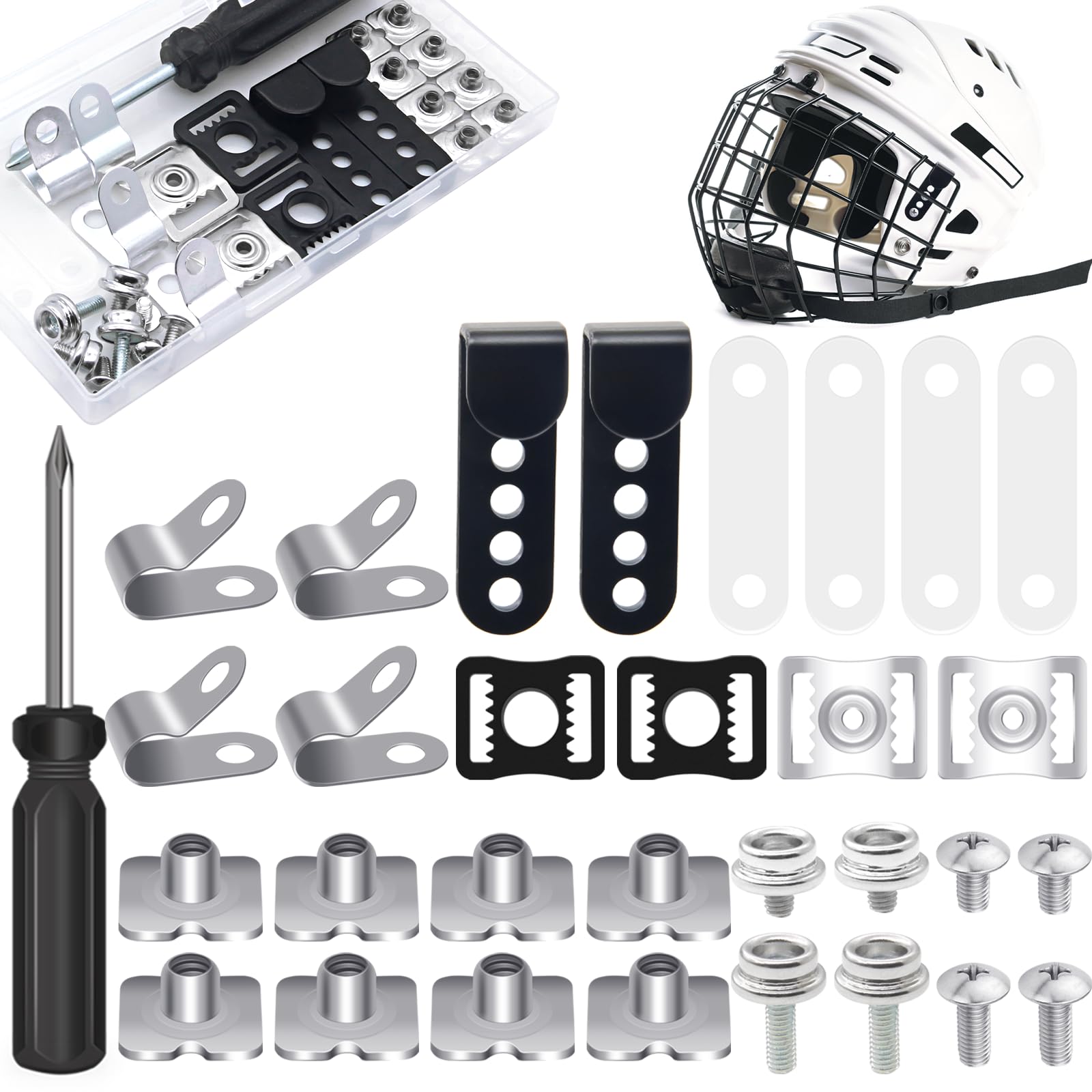31 Pcs Football Helmet Repair Kit, Hockey Helmet Replacement Parts, Metal J Clips Visor Clips Screw Nuts with 1 Pcs Screwdriver, Chin Strap Adapter for Hockey, Baseball, Softball Helm