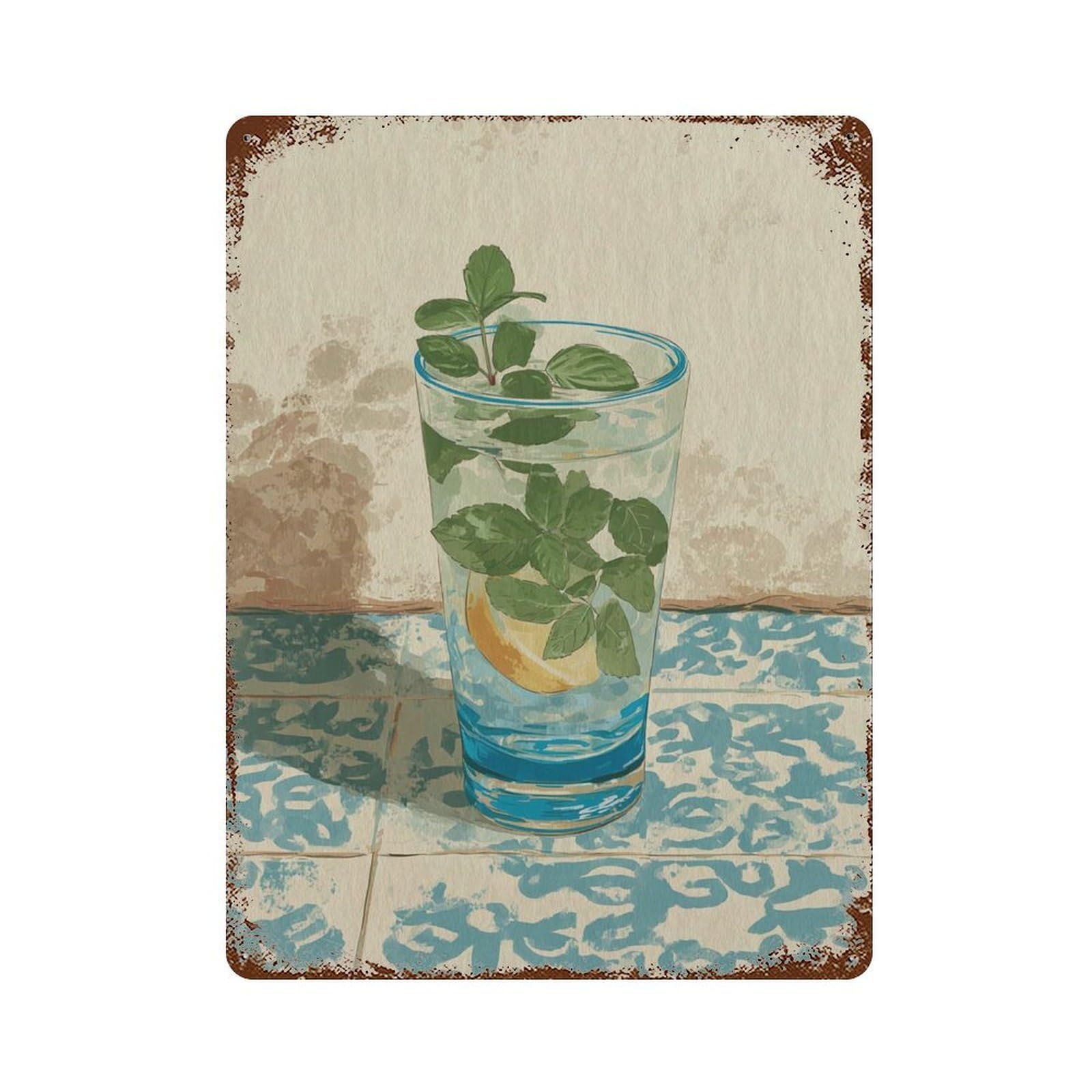 xiaoxiaoshen Moroccan Mint Tea Minimal Still Life Blue Green Neutral Kitchen Painterly Wall Decor Art Metal Tin Poster Modern Home Decor Art Home Bar Shop Decorations Vintage Sign 40x30cm