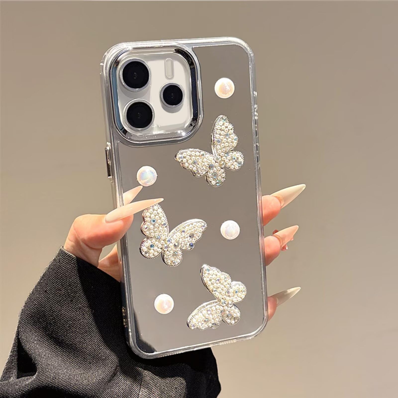 Custodia Specchio Per Xiaomi Redmi Note 14 4G | Farfalla 3D Lucida Con Braccialetto Perlato, Argento