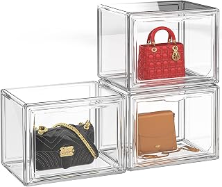 Clear PET Plastic Purse Handbag Display Case Magnetic Door Storage Organizers for Closet 3PCS, Anti Dust Luxury Stackable Bag Container Box for Collectibles Wallets Cosmetics Books Toys (Small)