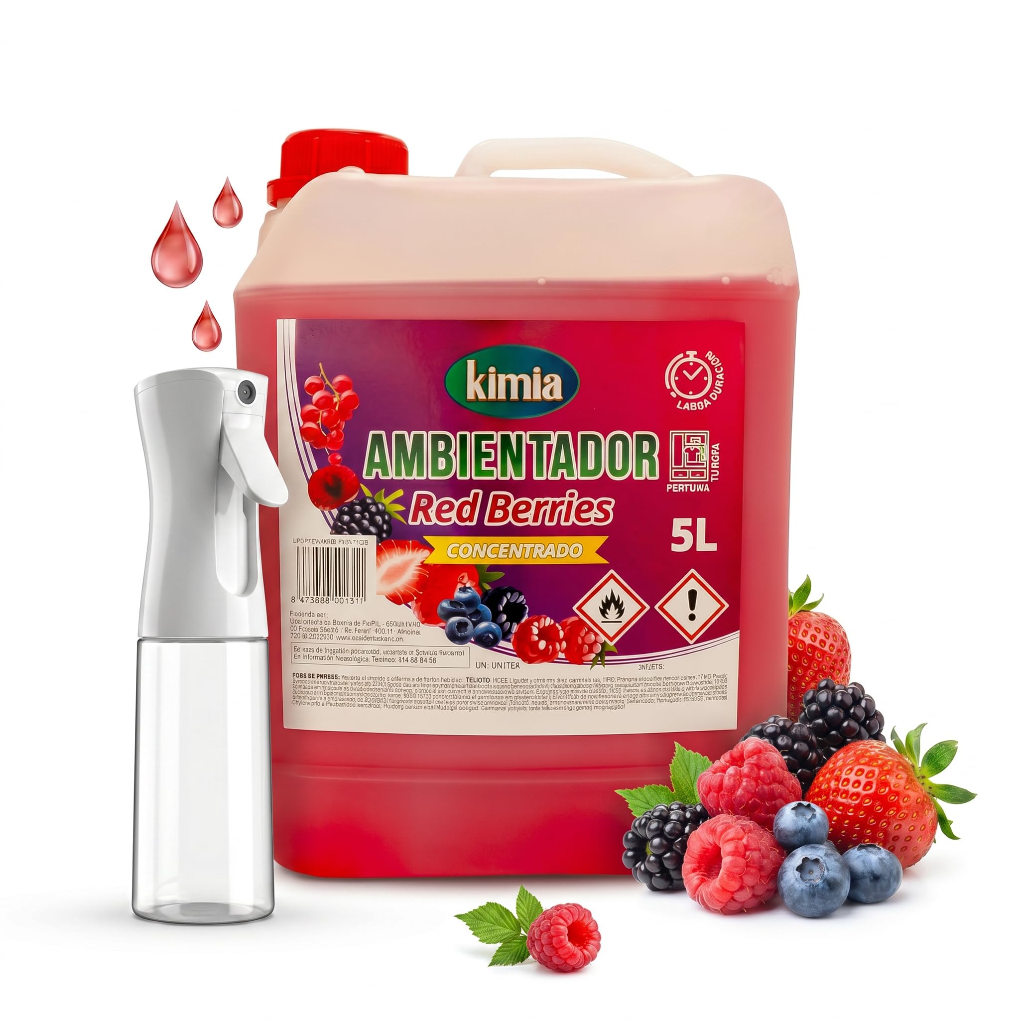 KIMIA - Désodorisant d'intérieur concentré Fruits Rouges 5L + Flacon Vaporisateur | Parfum Fruits Rouges | Pour toutes les pièces de la maison et du bureau | Ambiance fraîche et parfumée