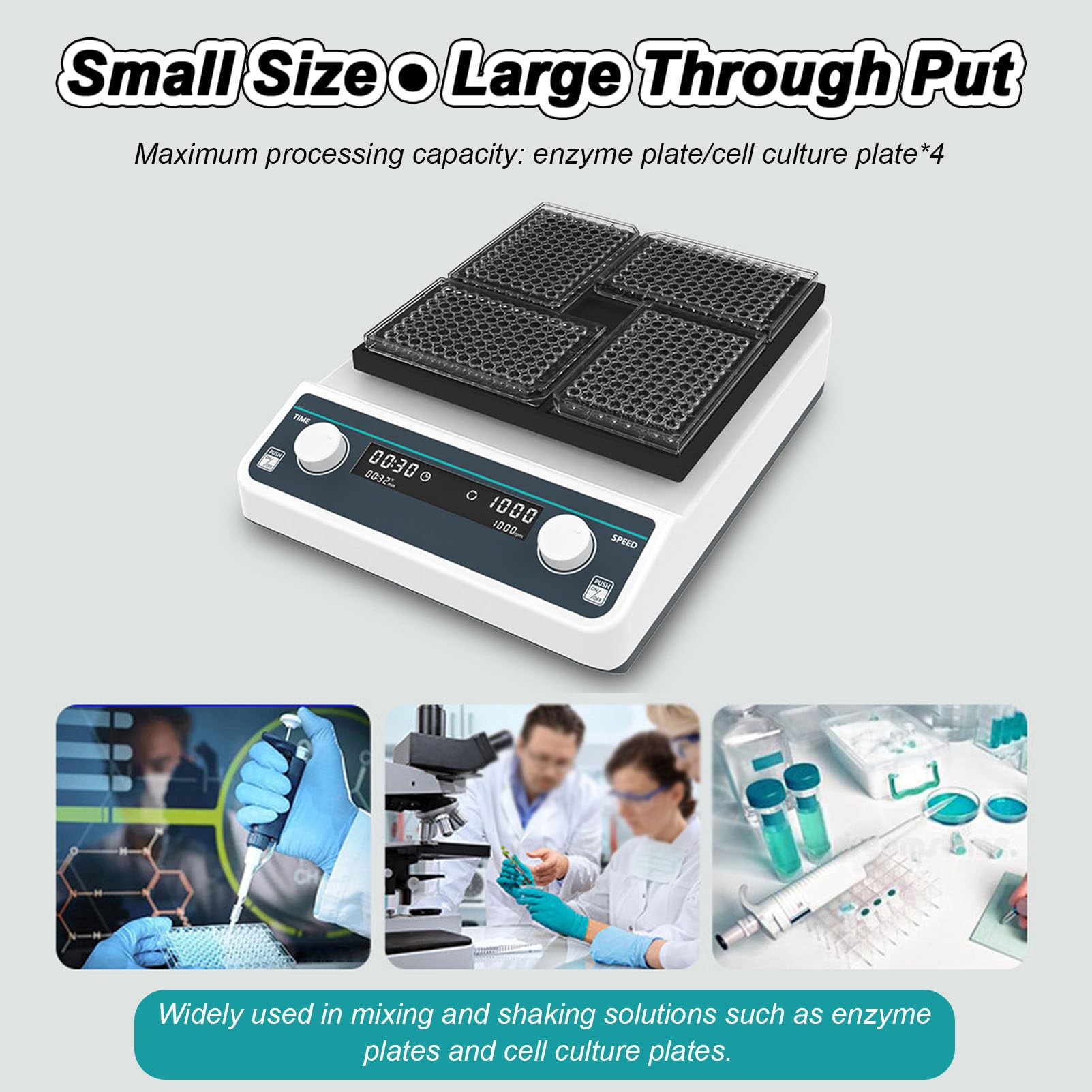 Agitatore orbitale da laboratorio con display digitale per micropiastre, velocità regolabile da 500 a 1200 giri/minuto, con modalità temporizzata da 1 minuto a 8 ore, oscillatore orizzontale