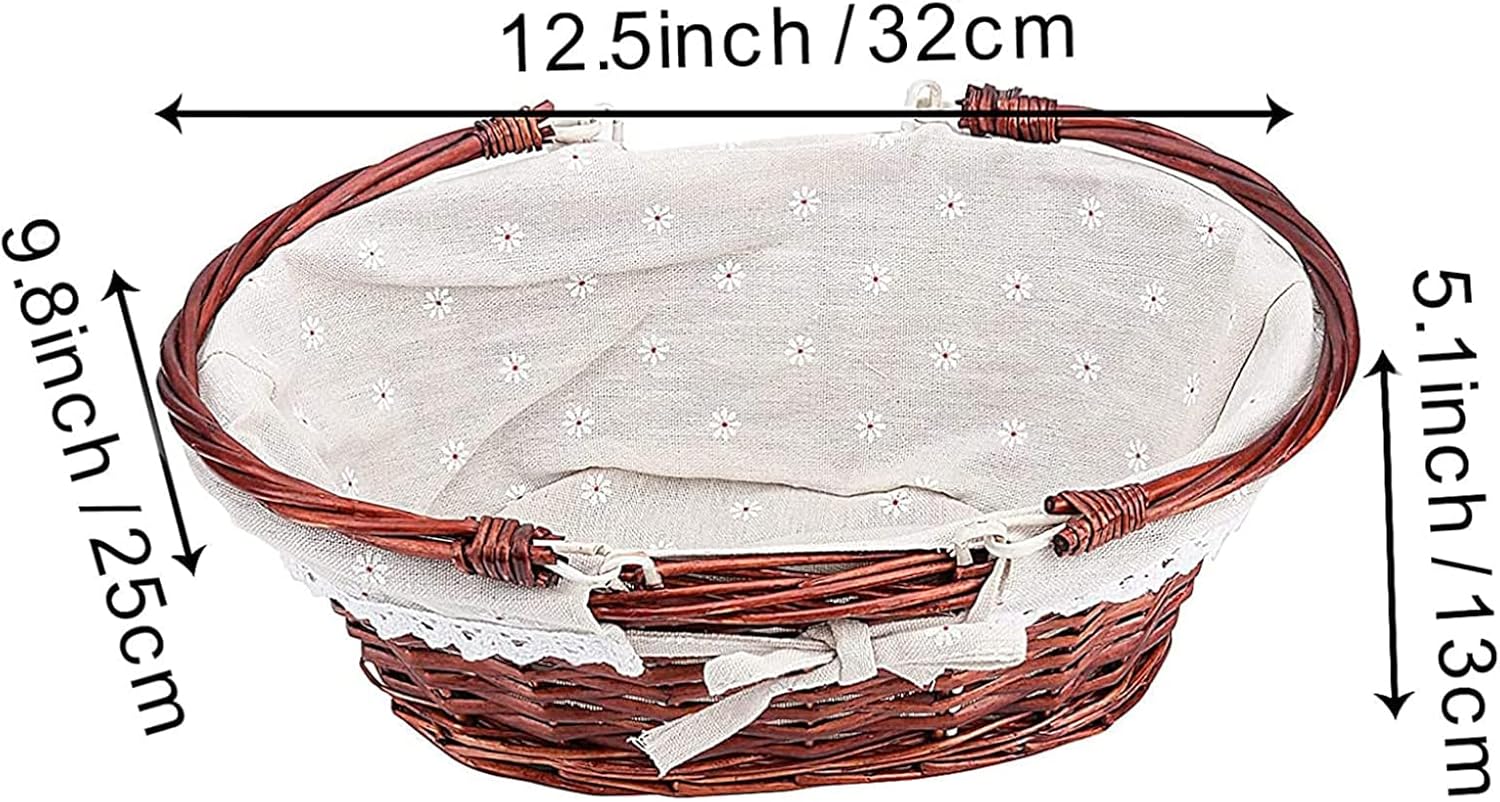 2 PCS Wicker Gift Picnic Basket, Brown Willow Woven Basket, Fruit Easter Candy Wedding Party Decoration Serving Basket with Folding Handles and Linen Cloth Lining
