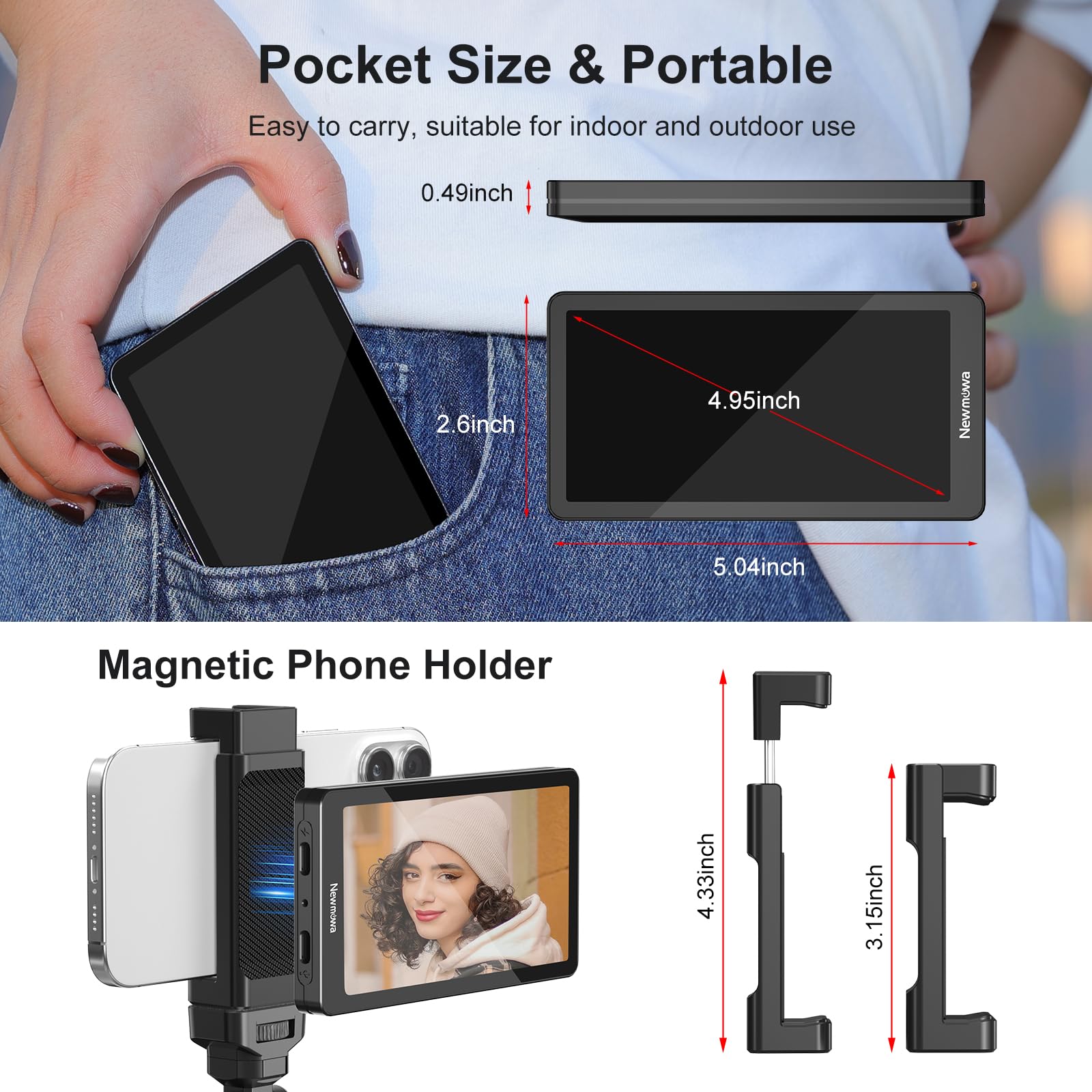 Newmowa 4.95" Teléfono Vlog Selfie Monitor Pantalla,Accesorio de Cámara Trasera del Teléfono para Teleprompter LiveStream Selfie Vlog TikTok,Compatible con iPhone(Soporta 4K 30fps Grabación con Cable)