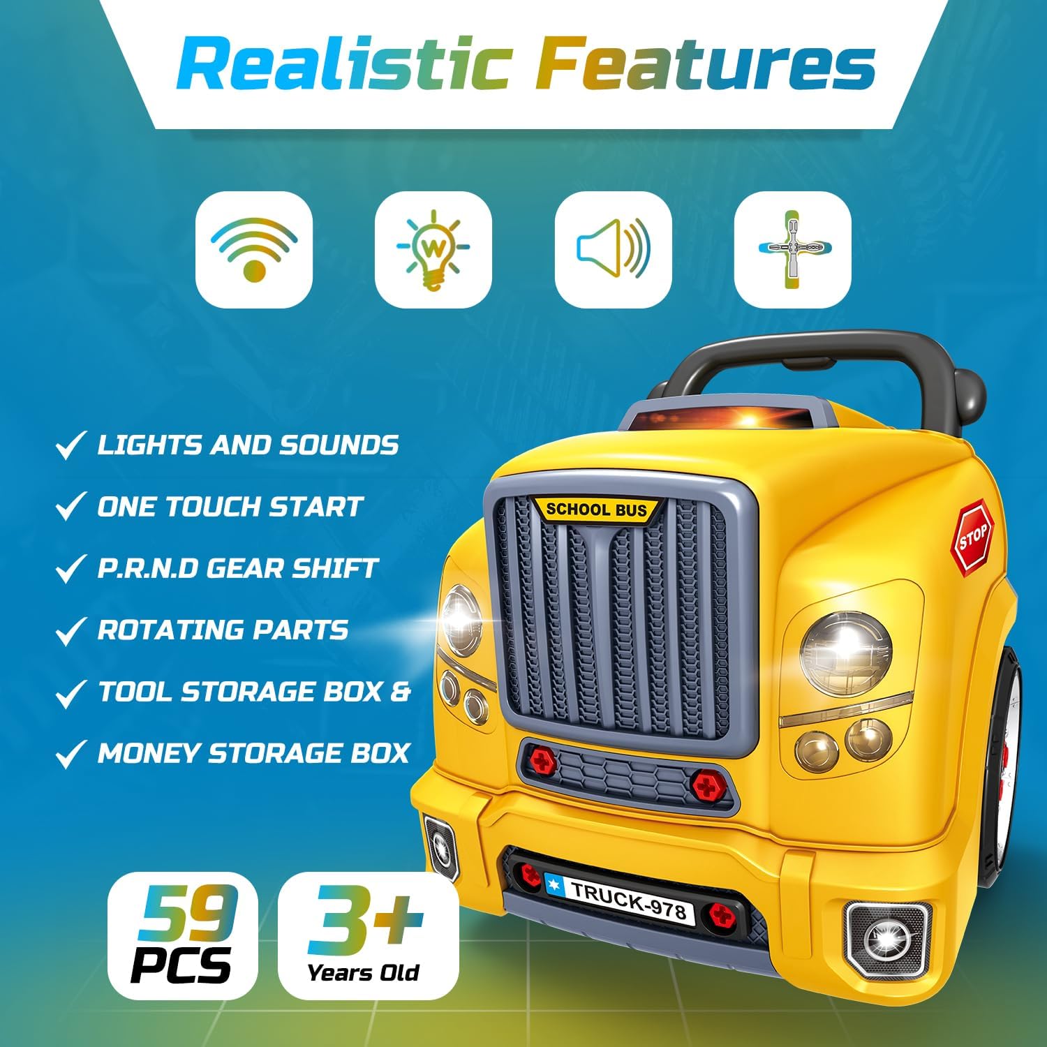 MOBIUS Toys Motor Engine Playset - Large Truck Mechanic Build & Repair Toy with Lights, Sounds & Tools - Educational Take Apart Engine Model for Kids Ages 3-7 - STEM Learning Gift, Yellow Edition