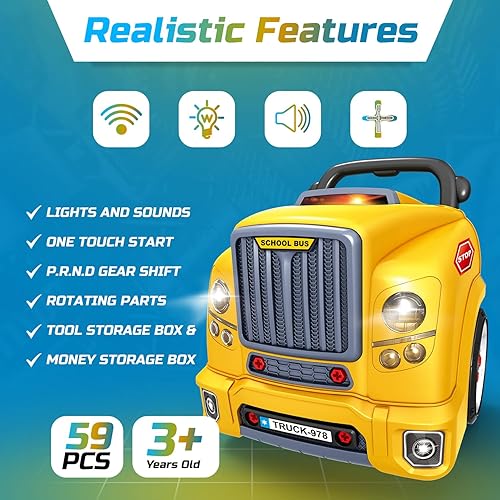 Vista 7 de MOBIUS Toys Juego de motor de motor – Juguete de construcción y reparación de camión grande con luces, sonidos y herramientas – Modelo educativo