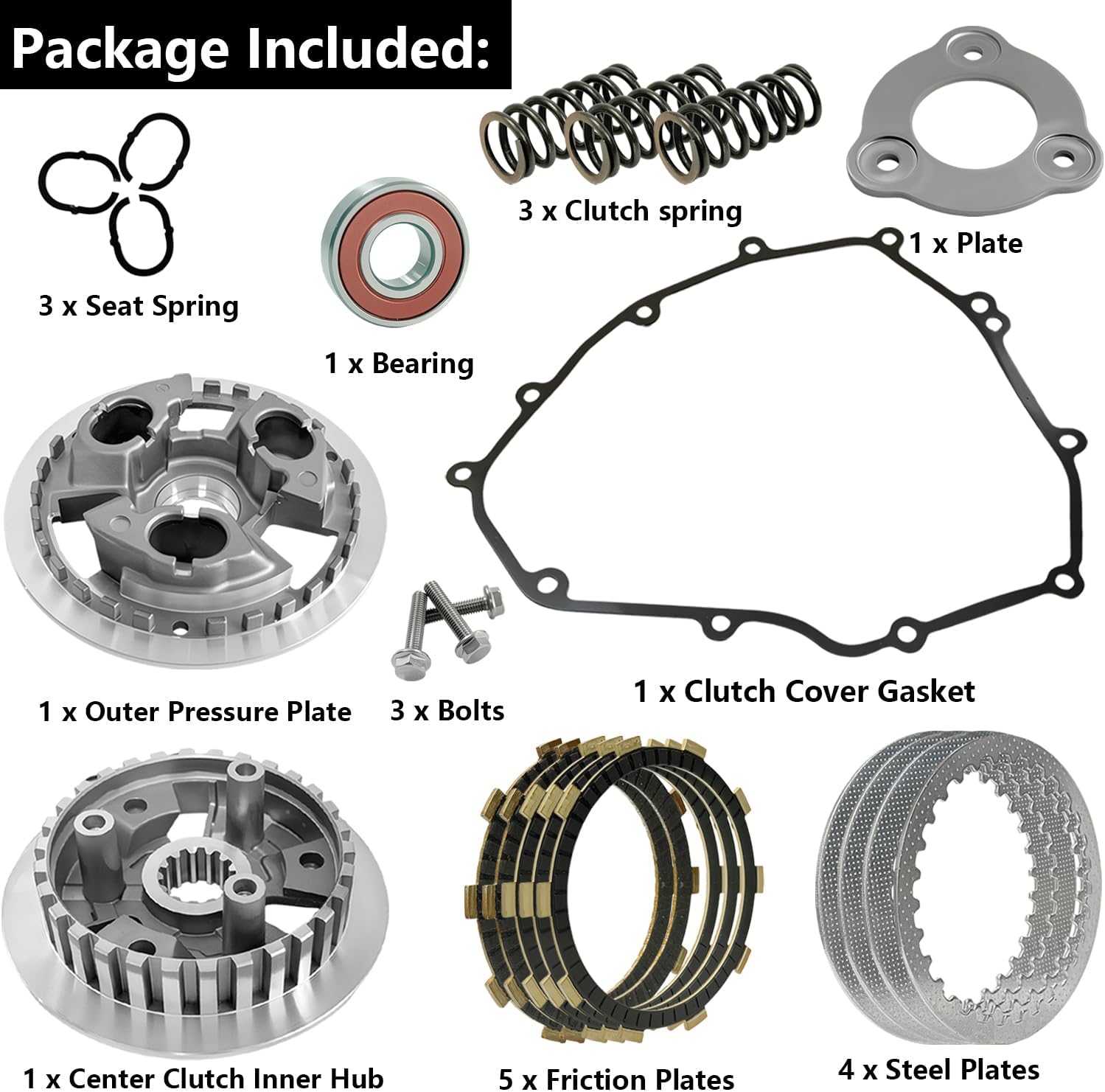 Clutch Kit & Center Clutch Inner Hub & Outer Pressure Plate Kit & Gasket Kit Compatible with ER400 Z400 4 Ninja 400 EX400 2018-2023