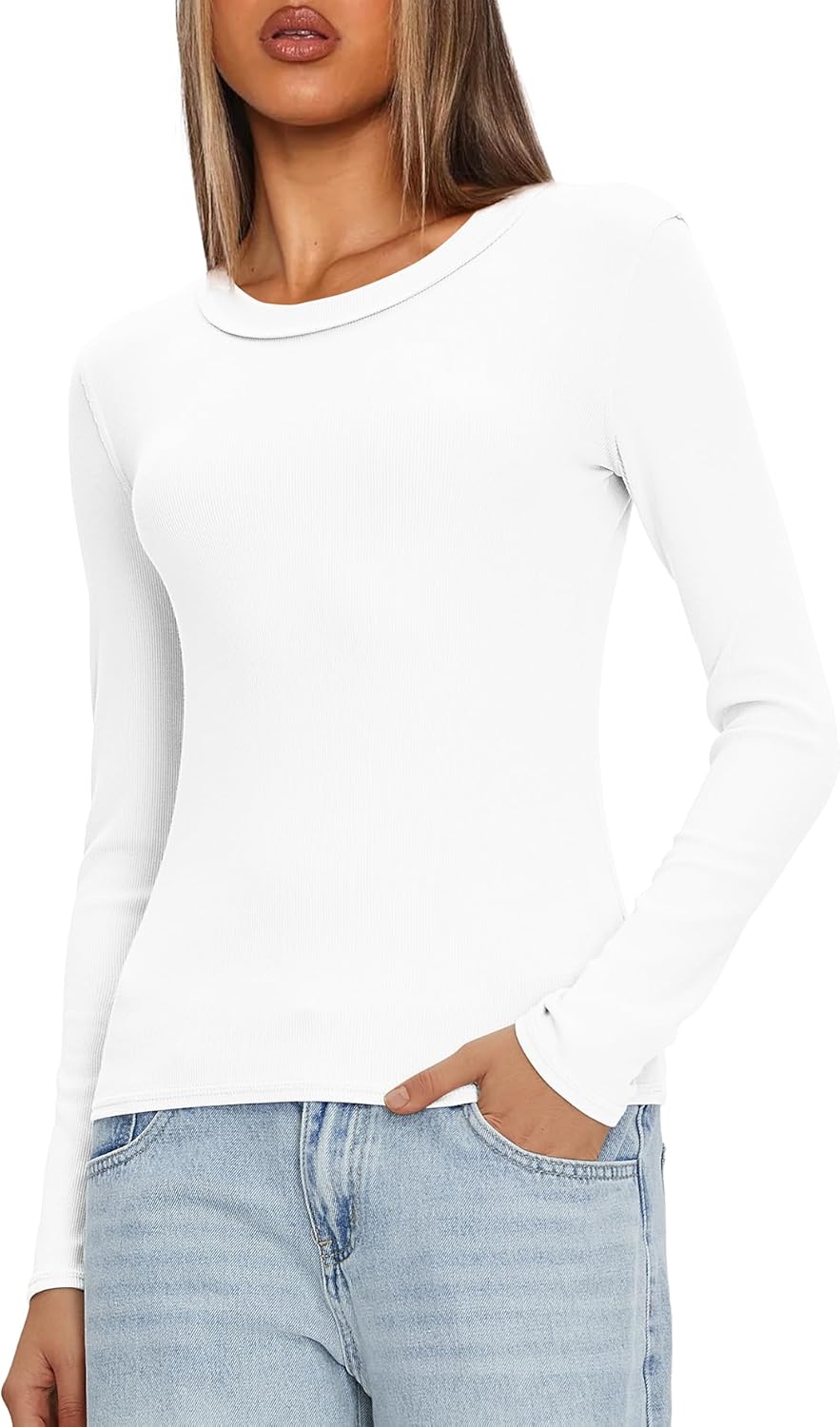 Darong Long Sleeve Shirts for Women Crew Neck Rib Knit Slim Fit Tops Basic Tee Casual T-Shirt Layer Clothes - Image 4