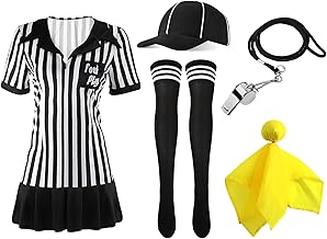 SATINIOR 5 Pcs Women Referee Costume Set Umpire Outfit Stripe Ref Shirt Hat Long Socks Whistle for Halloween Cosplay Party