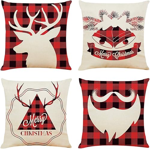 Acronde 4 fundas de almohada cuadradas de 18 x 18 pulgadas, decoración navideña, de lino y algodón, fundas de cojín para sofá, hogar y automóvil