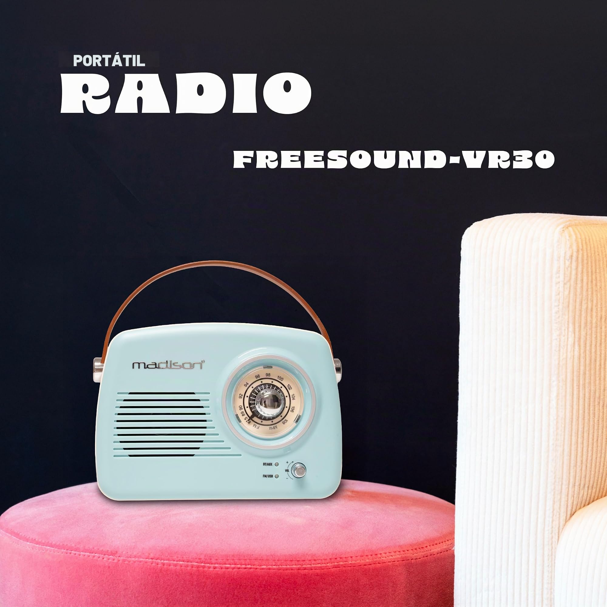 Madison FREESOUND-VR30 Radio FM Bluetooth vintage de 30 W – Batería recargable USB-C – Entradas USB y AUX – Subwoofer – Gran autonomía – Diseño retro portátil