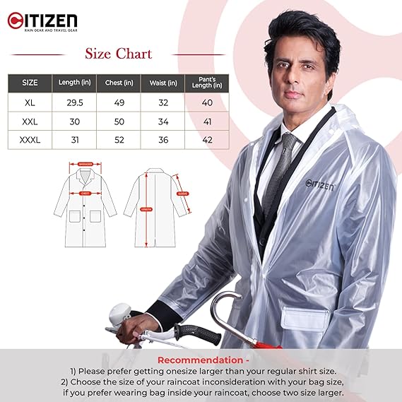 Citizen Real-Reversible Raincoat for Men with Adjustable Hood, Waterproof Pant, Plastic Cap and Carry Pouch | Durable & Lightweight Polyester Rainsuit | Stylish Checks Printed