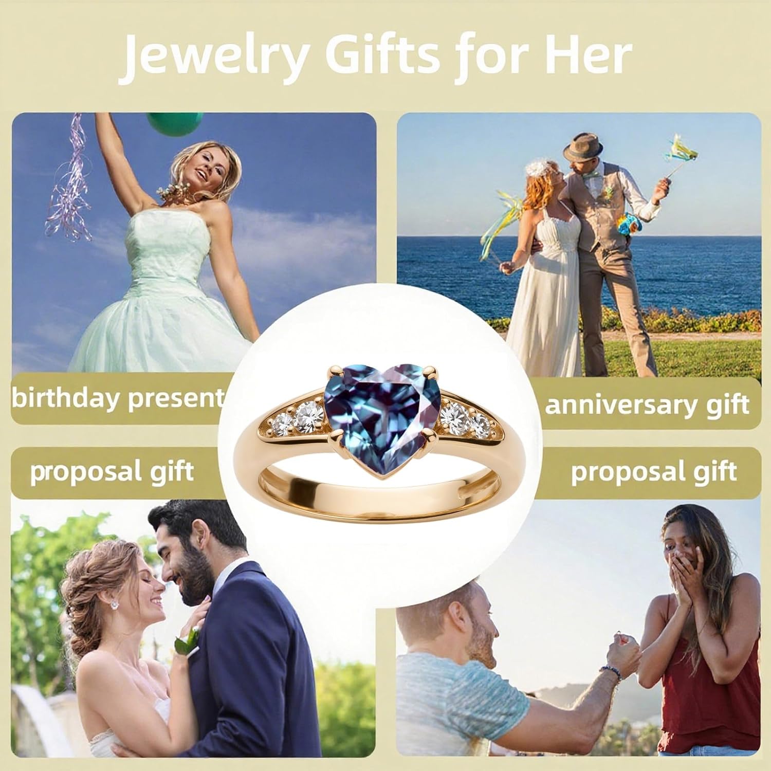 10K 14K 18K Gold Women's Heart Shape Gemstone and Diamond Ring Birthstone Heart Engagement Promise Rings for Her Jewelry Gifts