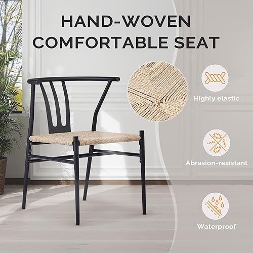 Miniatura 5 de VINGLI 4 sillas de comedor modernas de mediados de siglo, marco de metal resistente de 350 libras con asiento de ratán tejido a mano, sillas